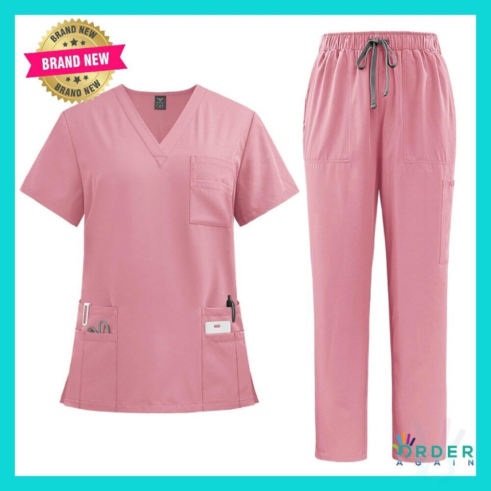 Stretch V-Neck Scrub Top with Pockets & Cargo Jogger Pants Work Uniform Set
